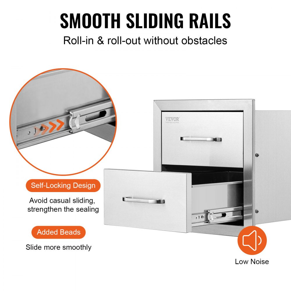 VEVOR Outdoor Kitchen Drawers 14W x 14.3H x 23D Inch, Flush Mount Double BBQ Drawers Stainless Steel with Handle, BBQ Island Drawers for Outdoor Kitchens or Grill Station