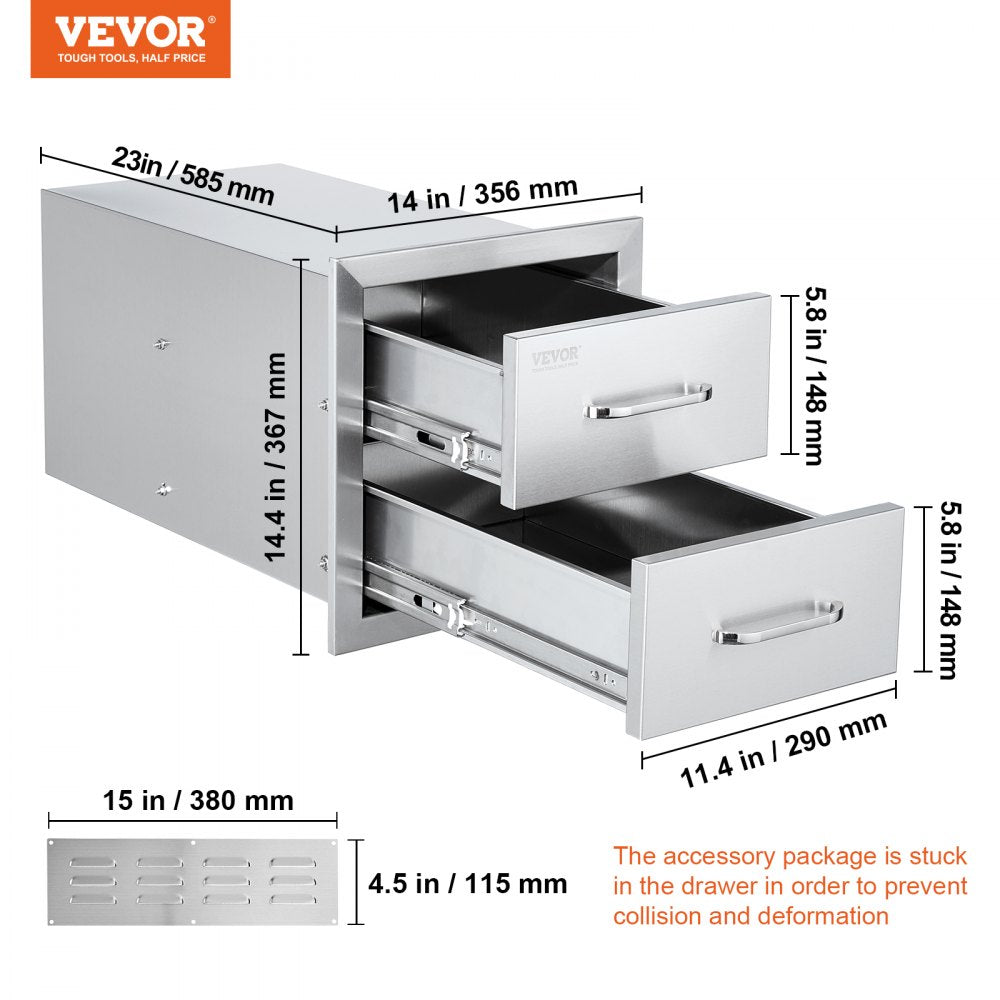 VEVOR Outdoor Kitchen Drawers 14W x 14.3H x 23D Inch, Flush Mount Double BBQ Drawers Stainless Steel with Handle, BBQ Island Drawers for Outdoor Kitchens or Grill Station