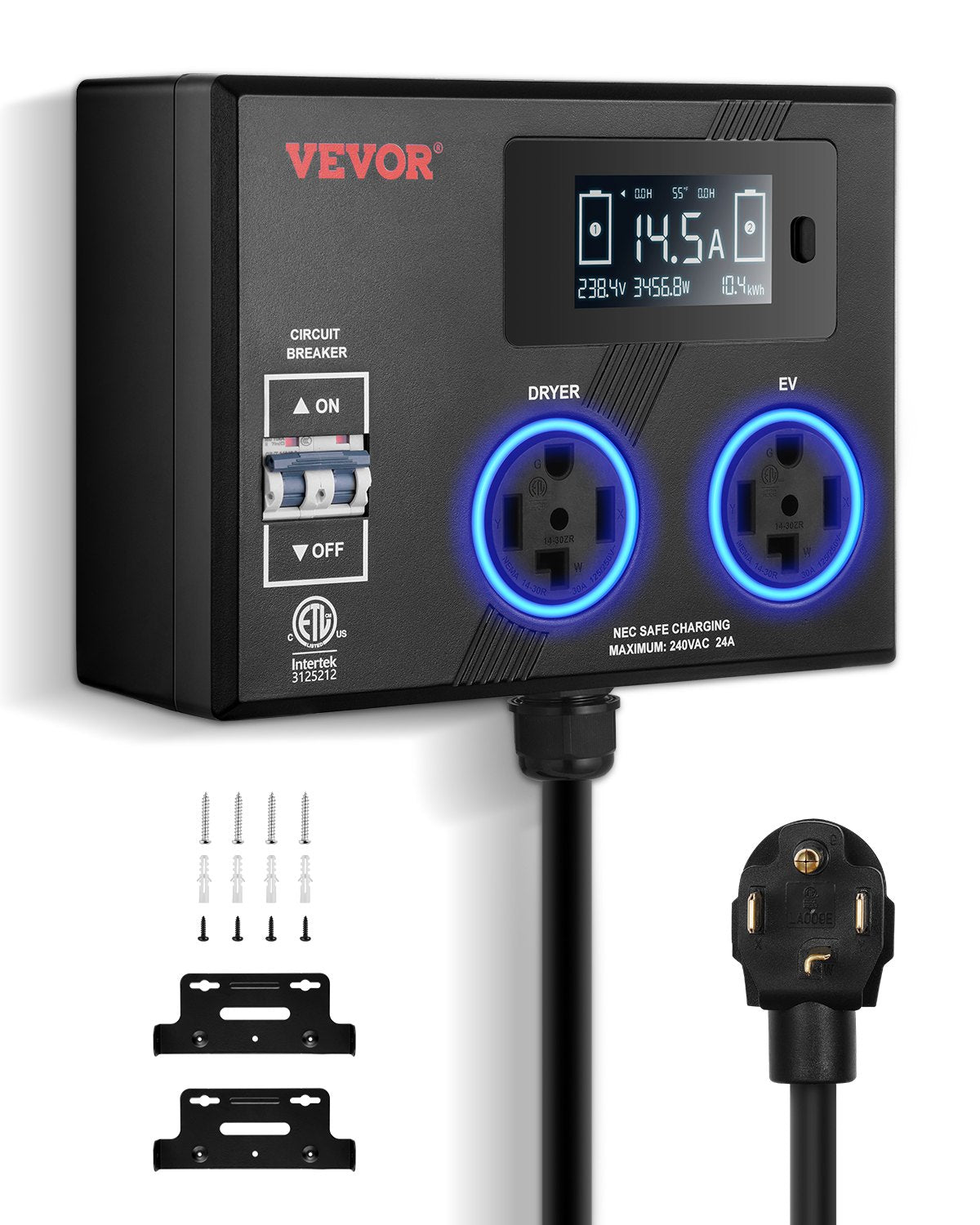 VEVOR NEMA Splitter for Dryer and EV NEMA 14-30P 2x 14-30R 3.4'' LCD Screen ETL