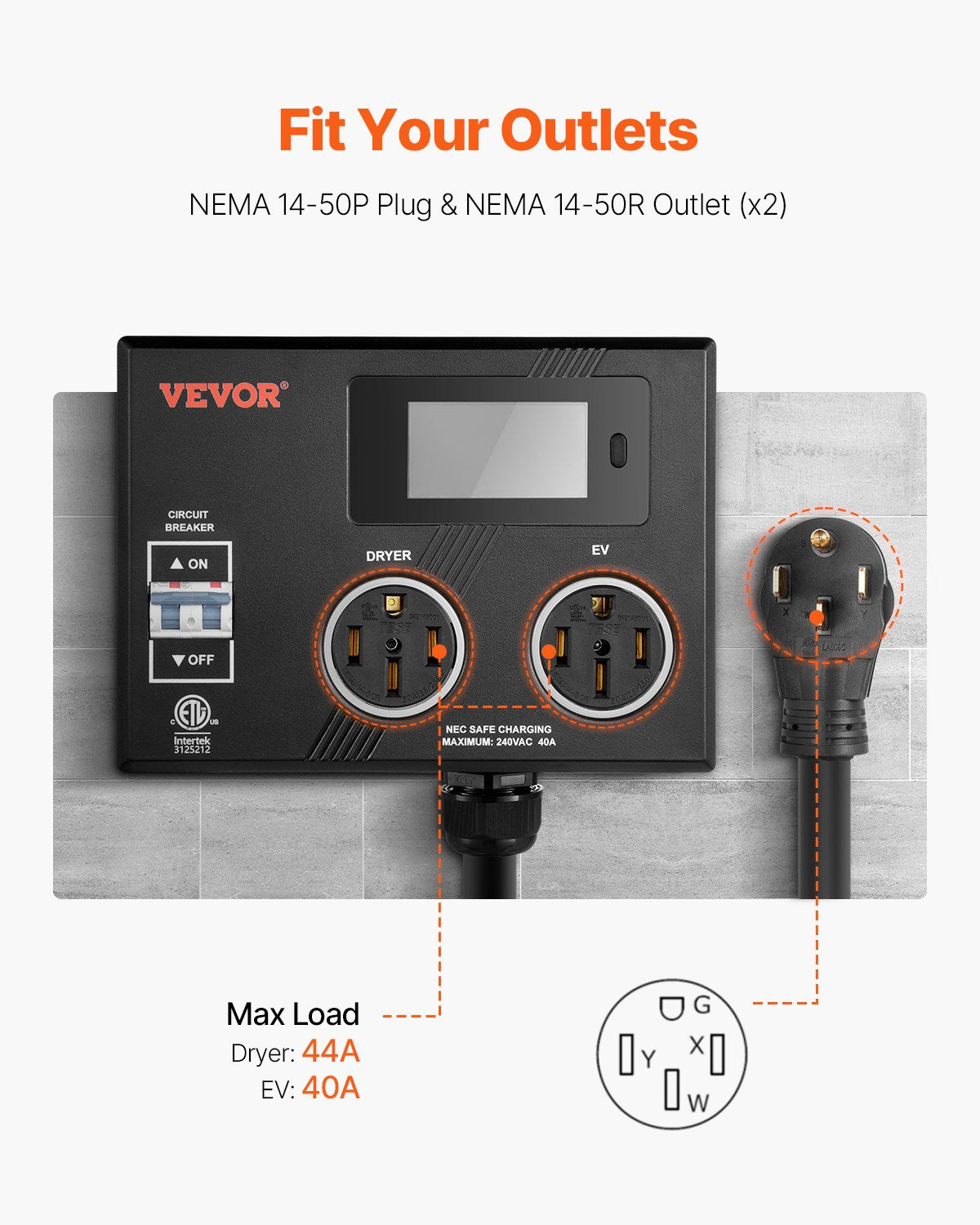 VEVOR NEMA Splitter for Dryer and EV NEMA 14-50P 2x 14-50R 3.4'' LCD Screen ETL