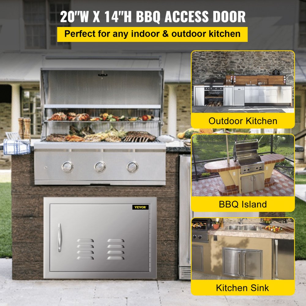 VEVOR 20W x 14H Inch BBQ Access Single Door with Vents Horizontal BBQ Island Door Stainless Steel Outdoor Kitchen Doors for Commercial BBQ Grid