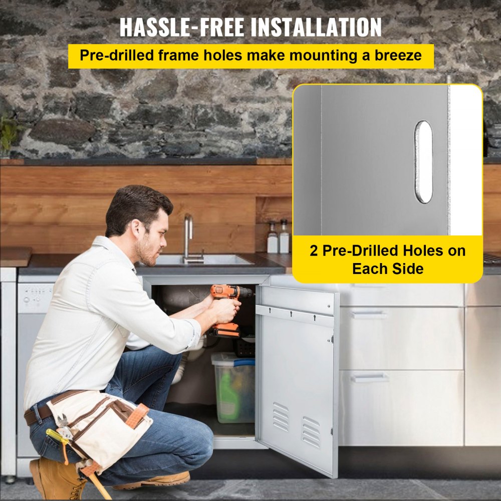 VEVOR 20W x 14H Inch BBQ Access Single Door with Vents Horizontal BBQ Island Door Stainless Steel Outdoor Kitchen Doors for Commercial BBQ Grid