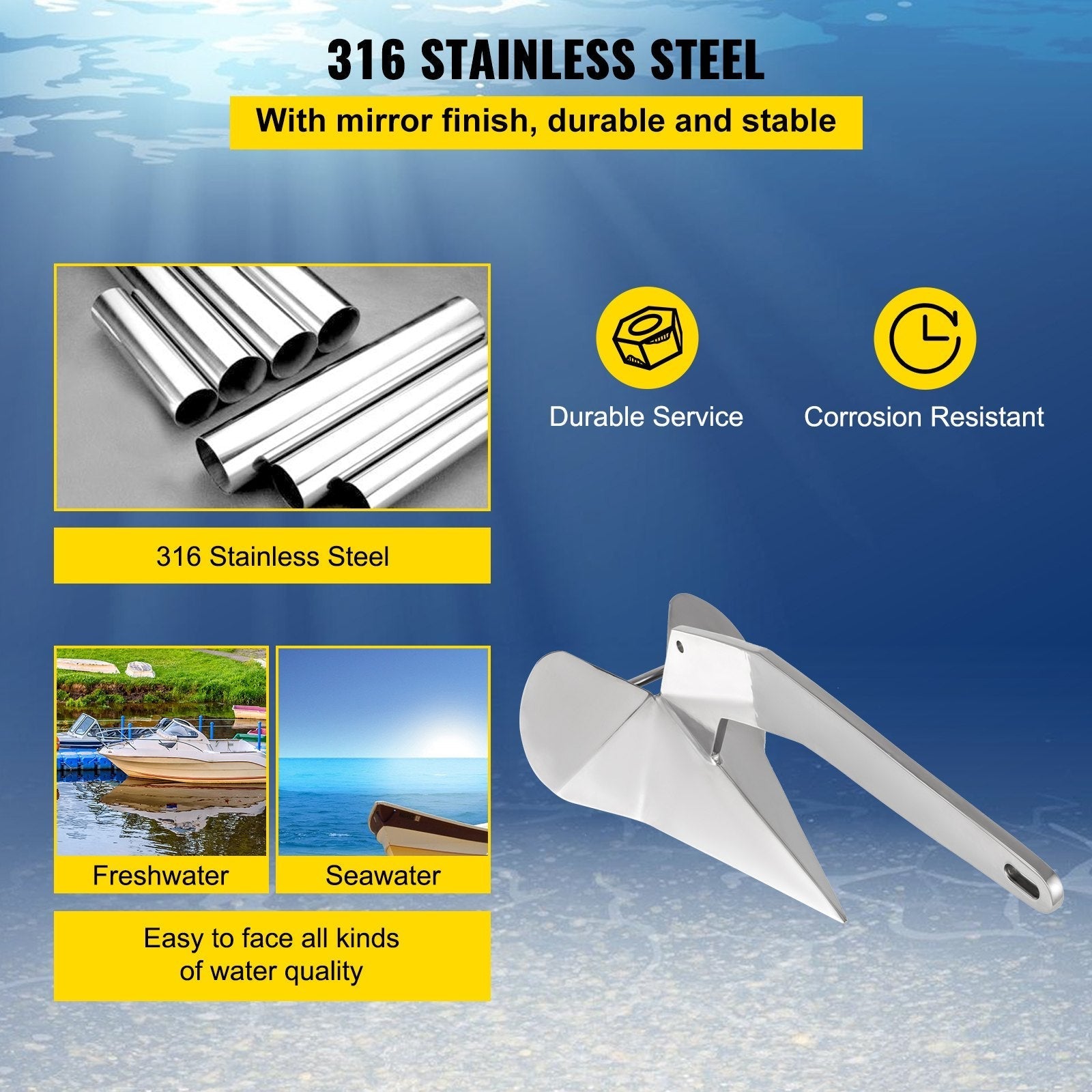 VEVOR Delta Style Boat Anchor 17 LB Boat Anchor Stainless Steel Delta Style 22-38 FT Anchor for Boats