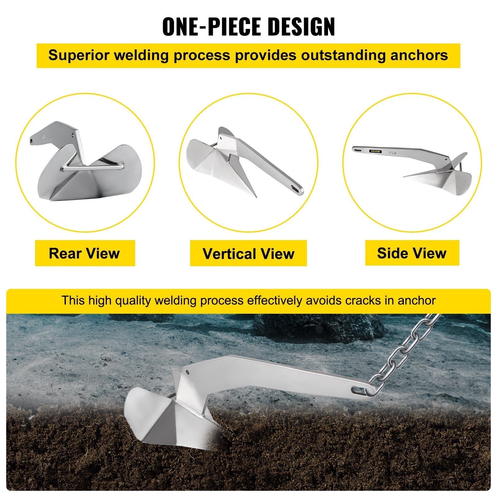 VEVOR Delta Style Boat Anchor 17 LB Boat Anchor Stainless Steel Delta Style 22-38 FT Anchor for Boats
