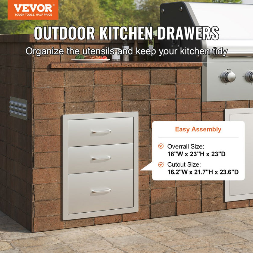 VEVOR 18x23 Inch Outdoor Kitchen Stainless Steel Triple Access BBQ Drawers with Chrome Handle, 18 x23 x 23 Inch