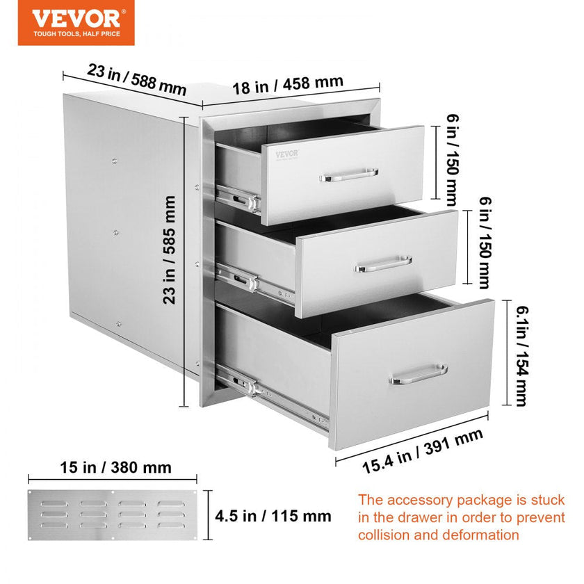VEVOR 18x23 Inch Outdoor Kitchen Stainless Steel Triple Access BBQ Drawers with Chrome Handle, 18 x23 x 23 Inch