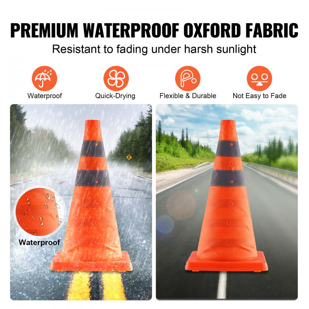 VEVOR Safety Cones, 2 Pack 18 inch Collapsible Traffic Cones, Construction Cones with Reflective Collars, Wide Base and A Storage Bag, for Traffic Control, Driving Training, Parking Lots