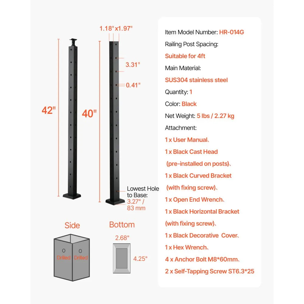 VEVRO Cable Railing Post 42x1x2 Inch with L-Shaped Holes 1JZLGZXHS10607YXO001V0