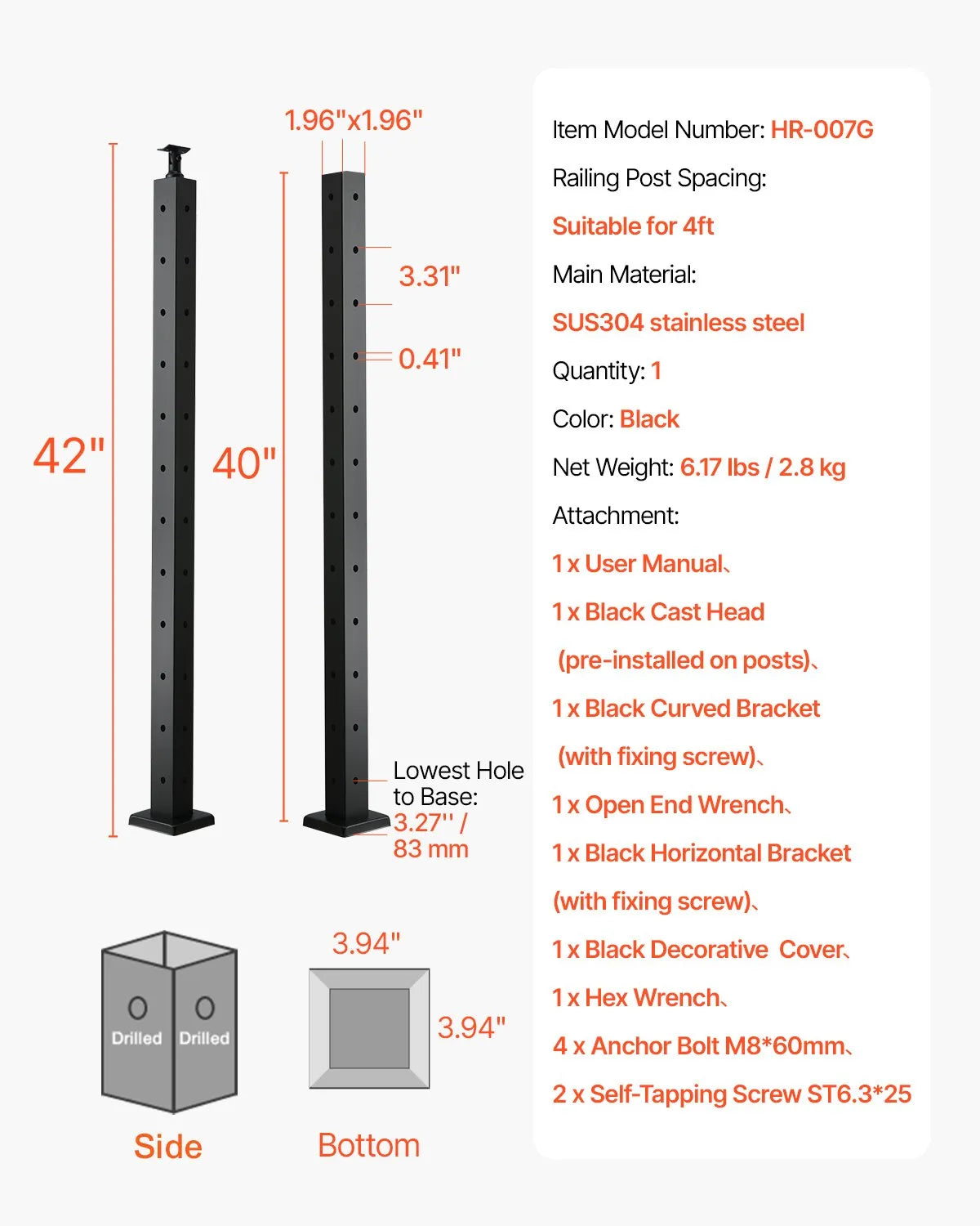 VEVRO Cable Railing Post 42x2x2 Inch with L-Shaped Holes 1JZLGZXHS1065S1EW001V0