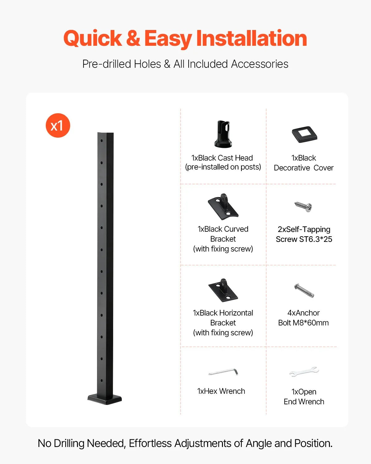 VEVOR Cable Railing Post 42x2x2 Inch Pre-Drilled Post 1JZLGZXHS106AWJO6001V0