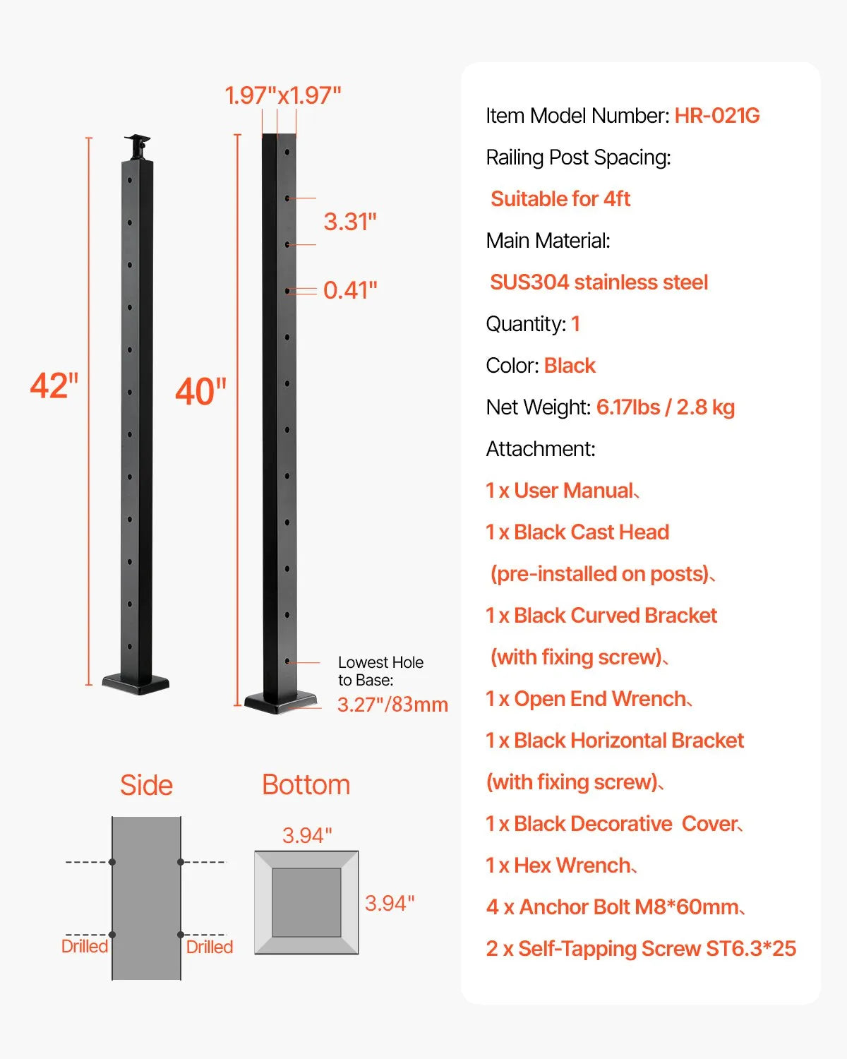 VEVOR Cable Railing Post 42x2x2 Inch Pre-Drilled Post 1JZLGZXHS106AWJO6001V0