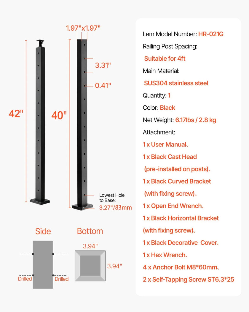 VEVOR Cable Railing Post 42x2x2 Inch Pre-Drilled Post 1JZLGZXHS106AWJO6001V0