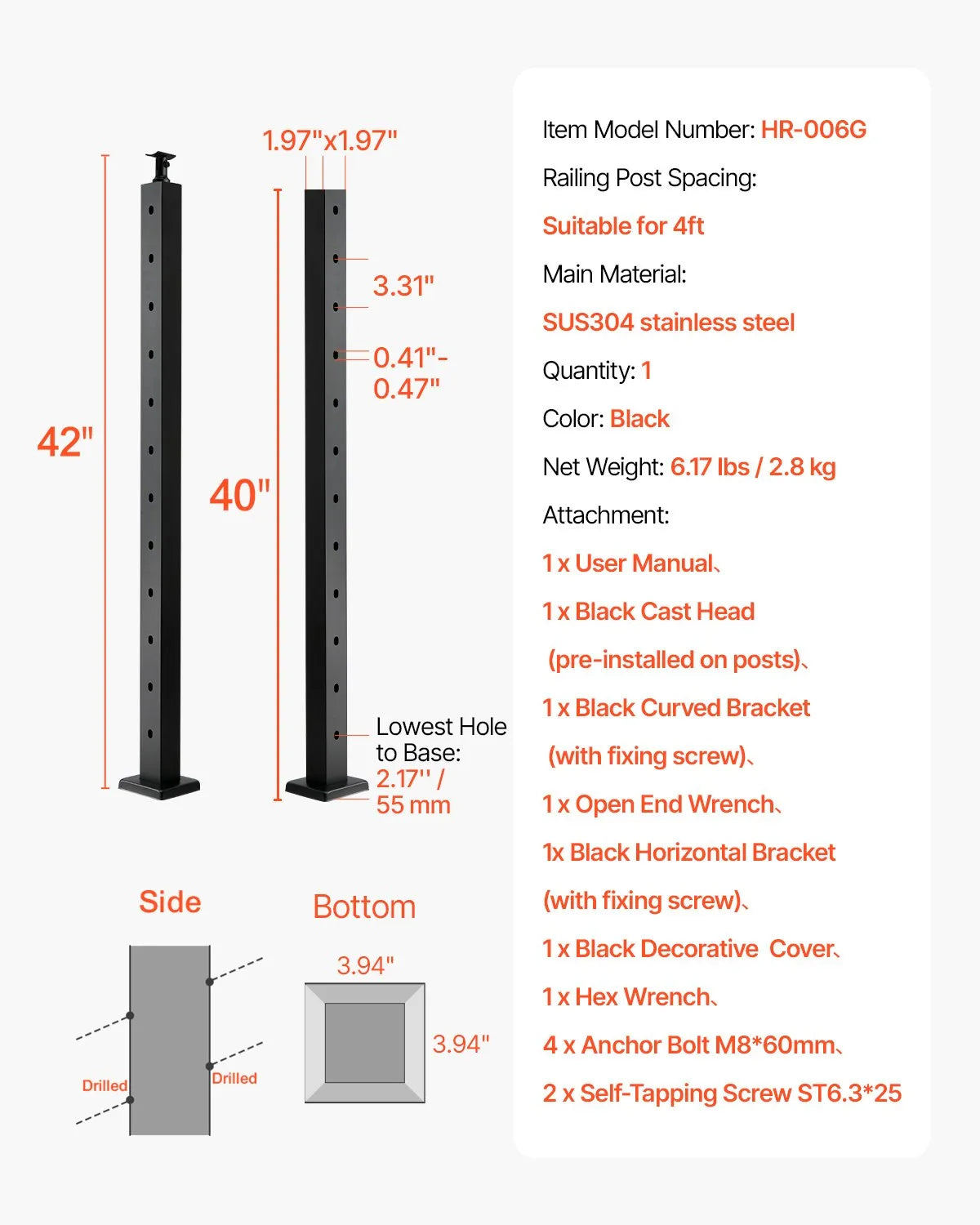 VEVOR Cable Railing Post 42x2x2 In with 30° Angled Holes 1JZLGZXHS106W3XAA001V0