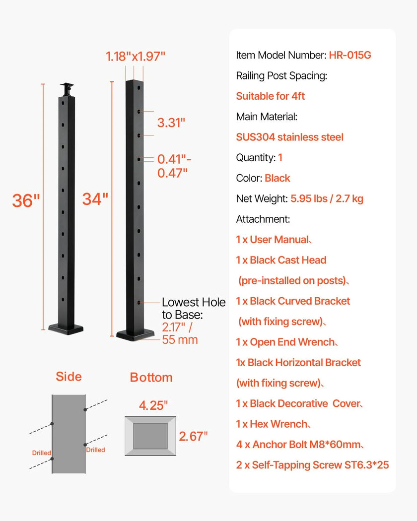 VEVOR Cable Railing Post 36x1x2 In with 30° Angled Holes 1JZLGZXHS91402OS1001V0