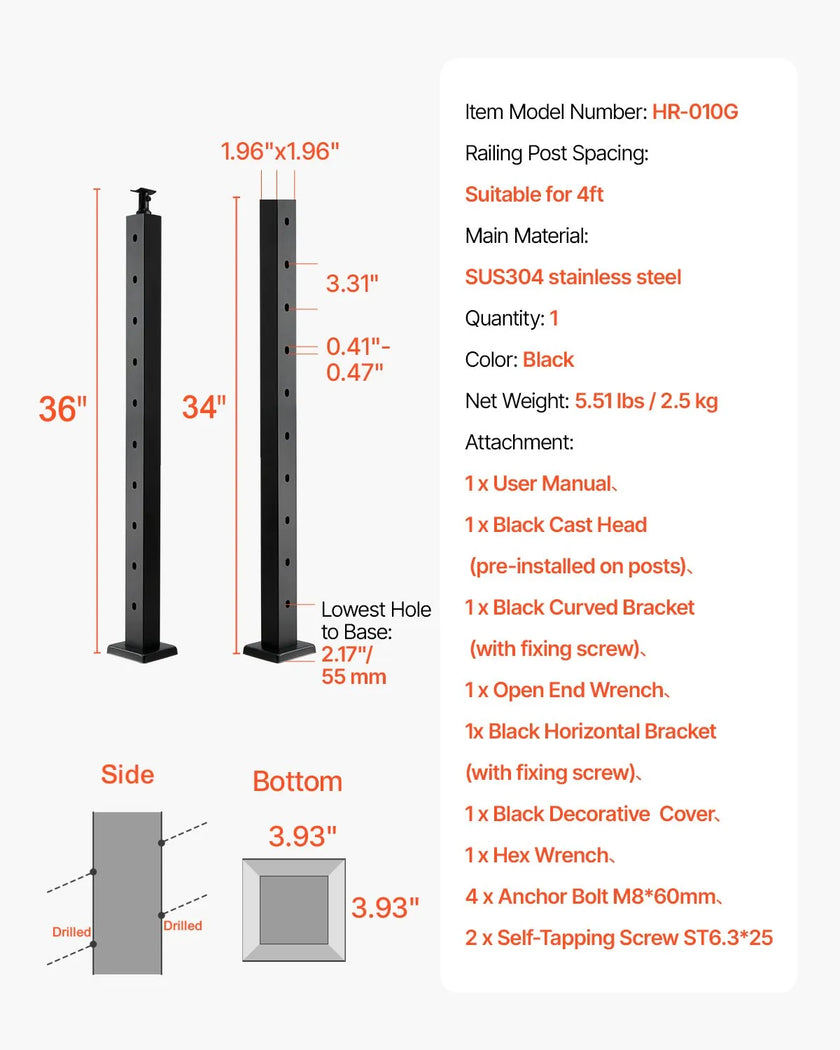 VEVOR Cable Railing Post 36x2x2 In with 30° Angled Holes 1JZLGZXHS914YIVIS001V0