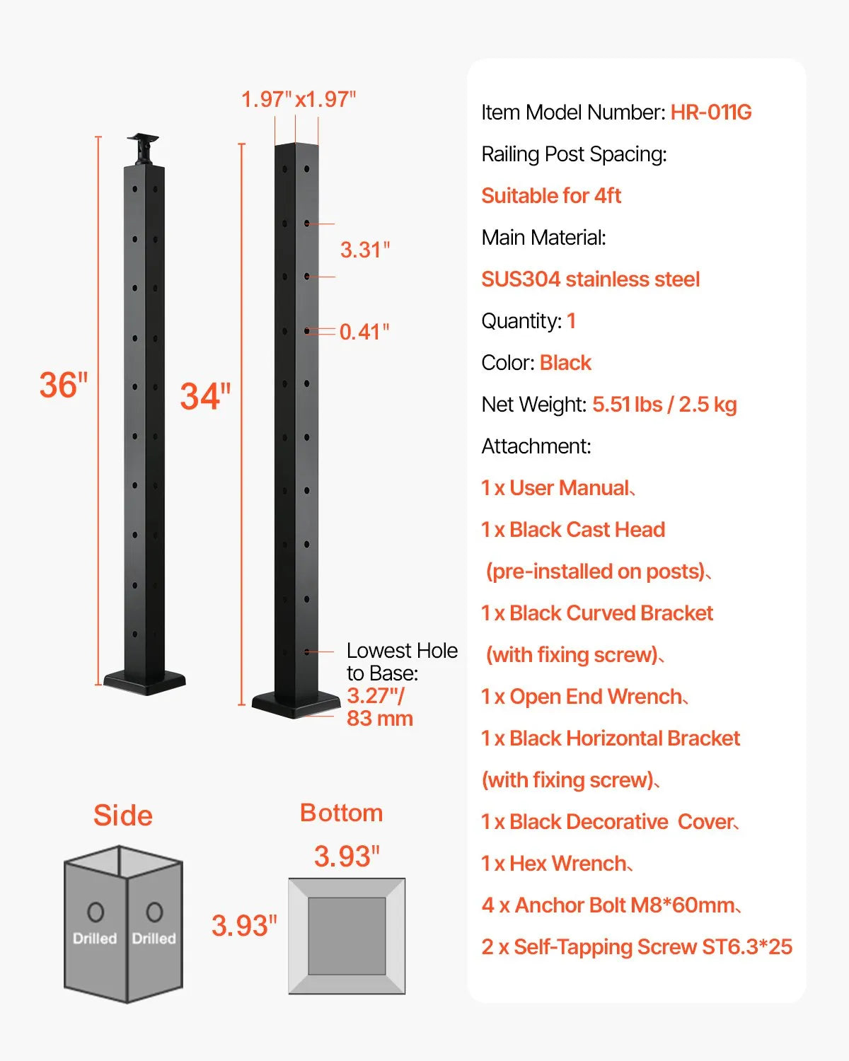 VEVRO Cable Railing Post 36x2x2 Inch with L-Shaped Holes 1JZLGZXHS914ZPBNY001V0