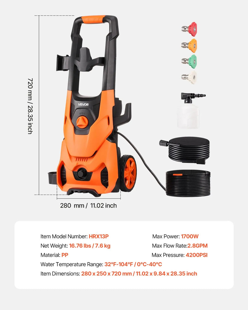 VEVOR Electric Pressure Washer Max 4200 PSI 2.8 GPM with Nozzles & Foam Cannon
