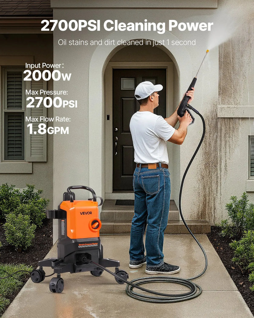 VEVOR Electric Pressure Washer Max 2700 PSI 1.8 GPM with Nozzles & Foam Cannon