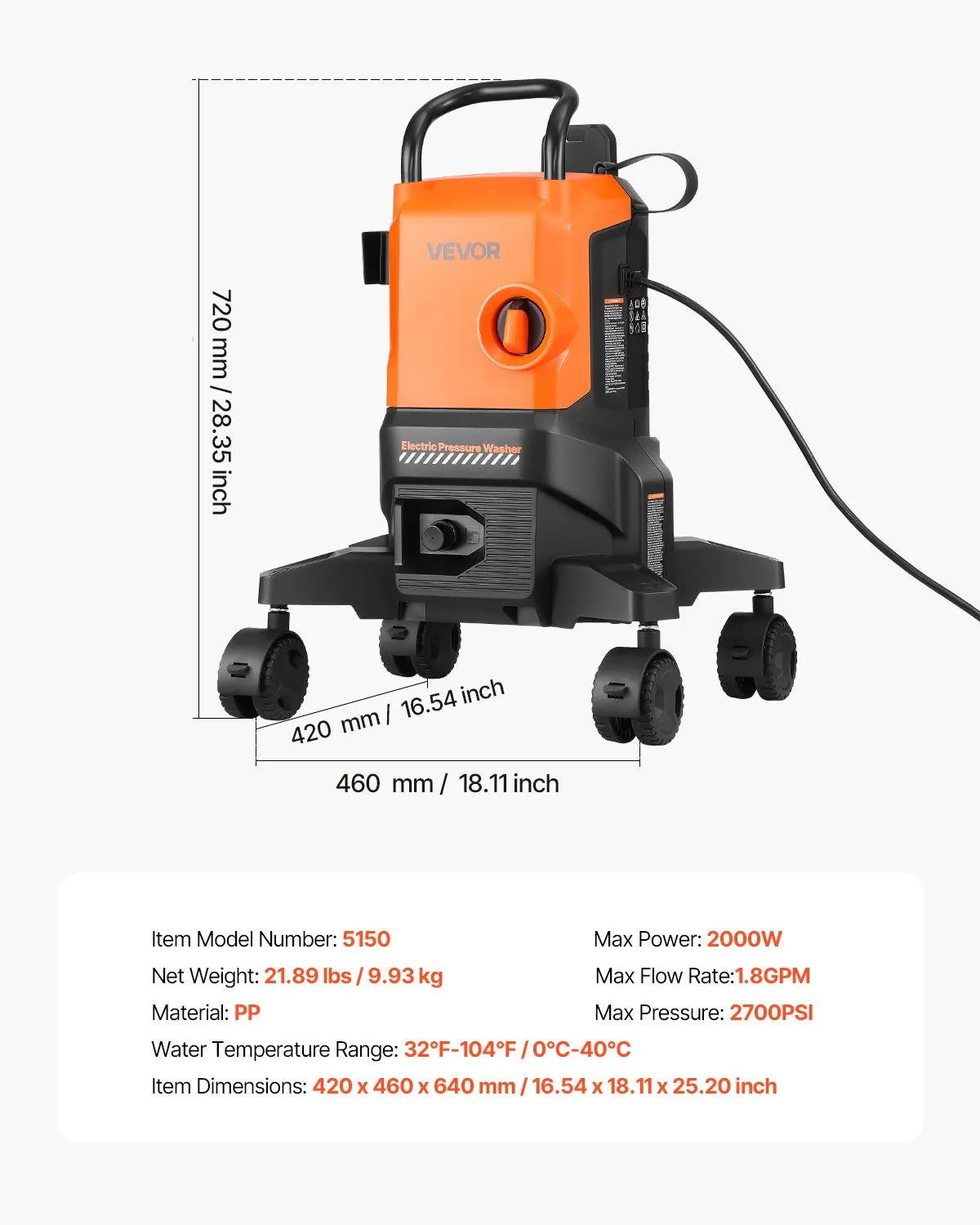 VEVOR Electric Pressure Washer Max 2700 PSI 1.8 GPM with Nozzles & Foam Cannon