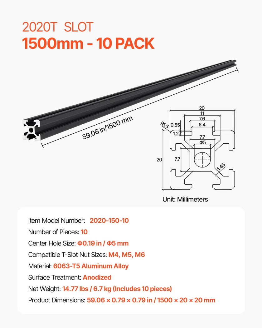 VEVOR 10PCS 2020 Aluminum Extrusion Profile 59