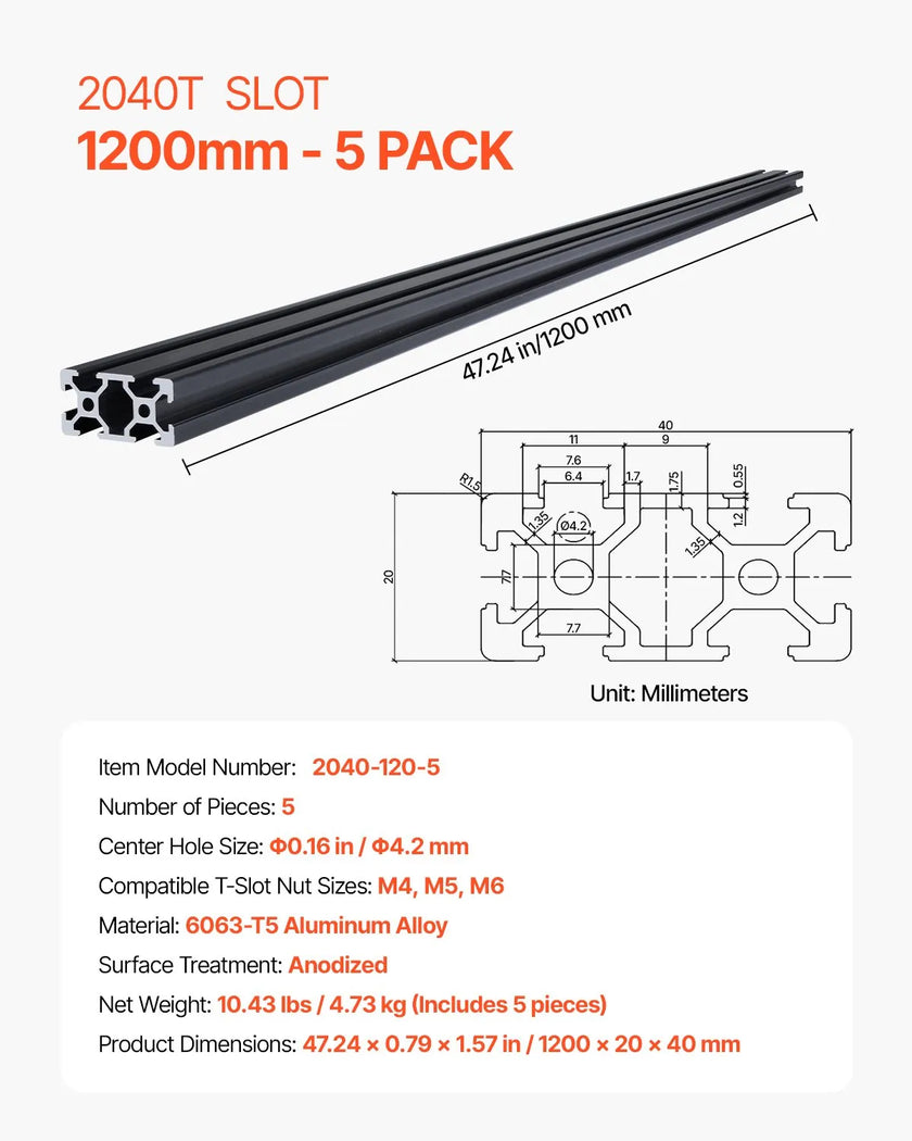 VEVOR 5PCS 2040 Aluminum Extrusion Profile 47.2