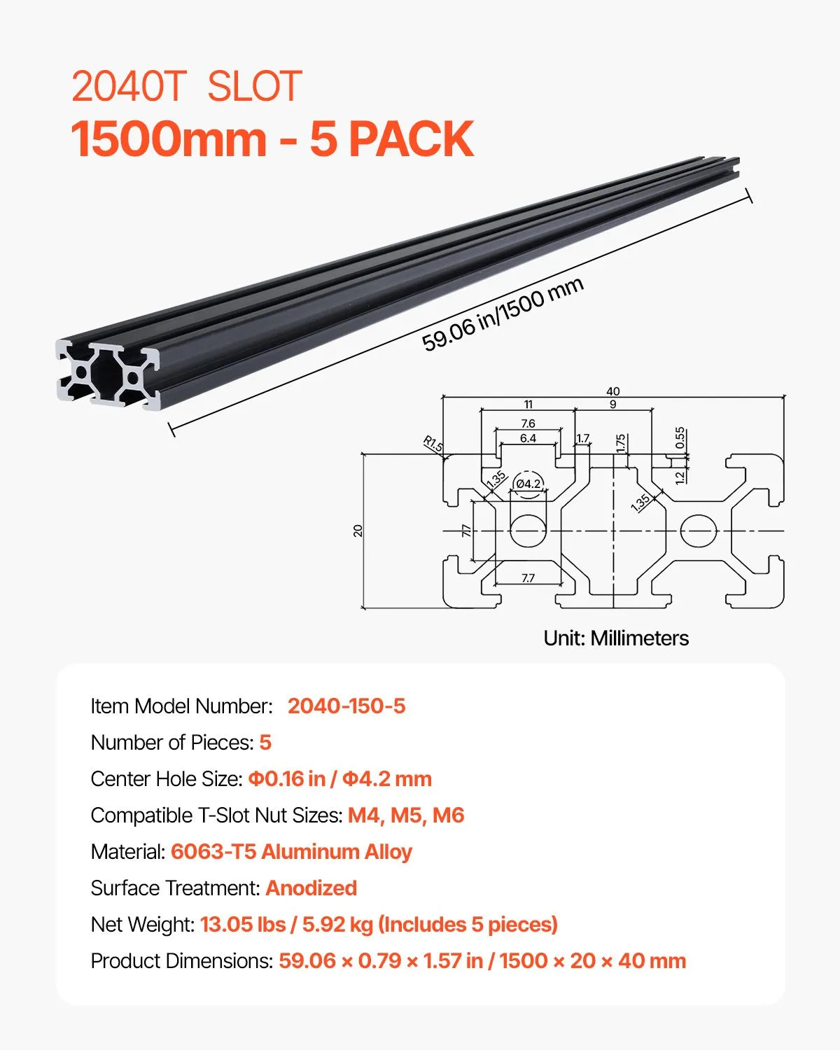 VEVOR 5PCS 2040 Aluminum Extrusion Profile 59