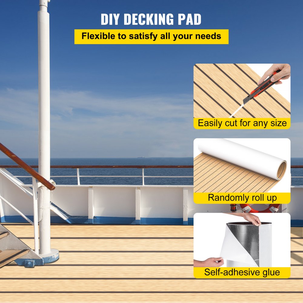 VEVOR Boat Decking Sheet 6MM Thick Non-Skid EVA Foam Faux Teak Decking Self-Adhesive Marine Yacht RV Swimming Pool Garden Boat Flooring Sheet 90.5