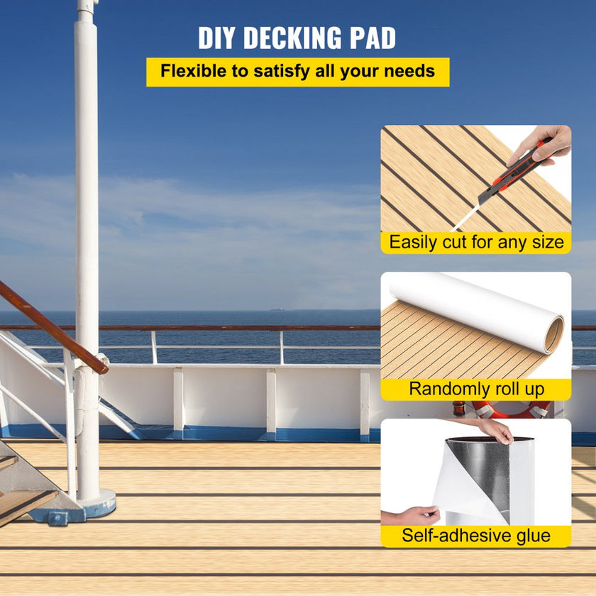 VEVOR Boat Decking Sheet 6MM Thick Non-Skid EVA Foam Faux Teak Decking Self-Adhesive Marine Yacht RV Swimming Pool Garden Boat Flooring Sheet 90.5