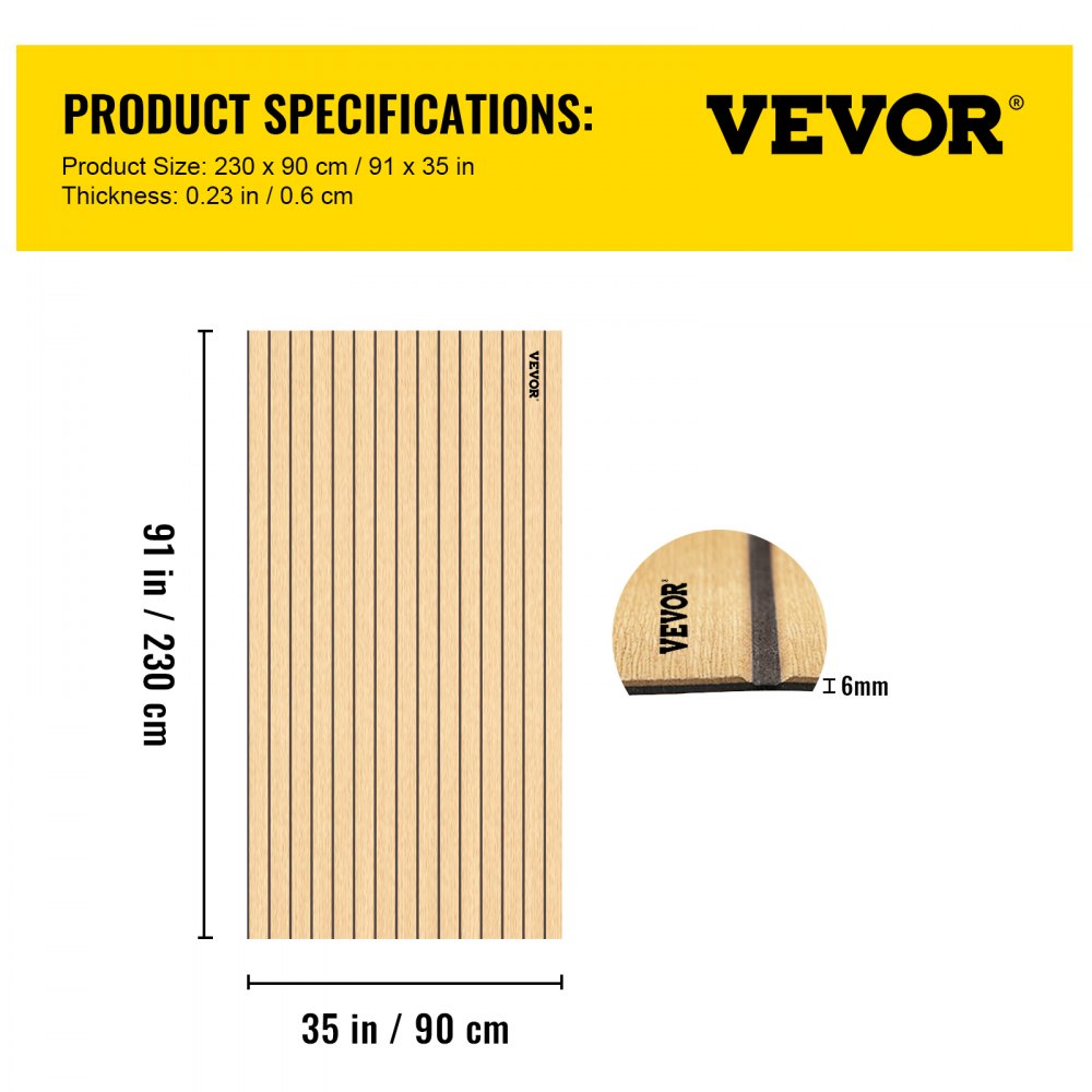 VEVOR Boat Decking Sheet 6MM Thick Non-Skid EVA Foam Faux Teak Decking Self-Adhesive Marine Yacht RV Swimming Pool Garden Boat Flooring Sheet 90.5