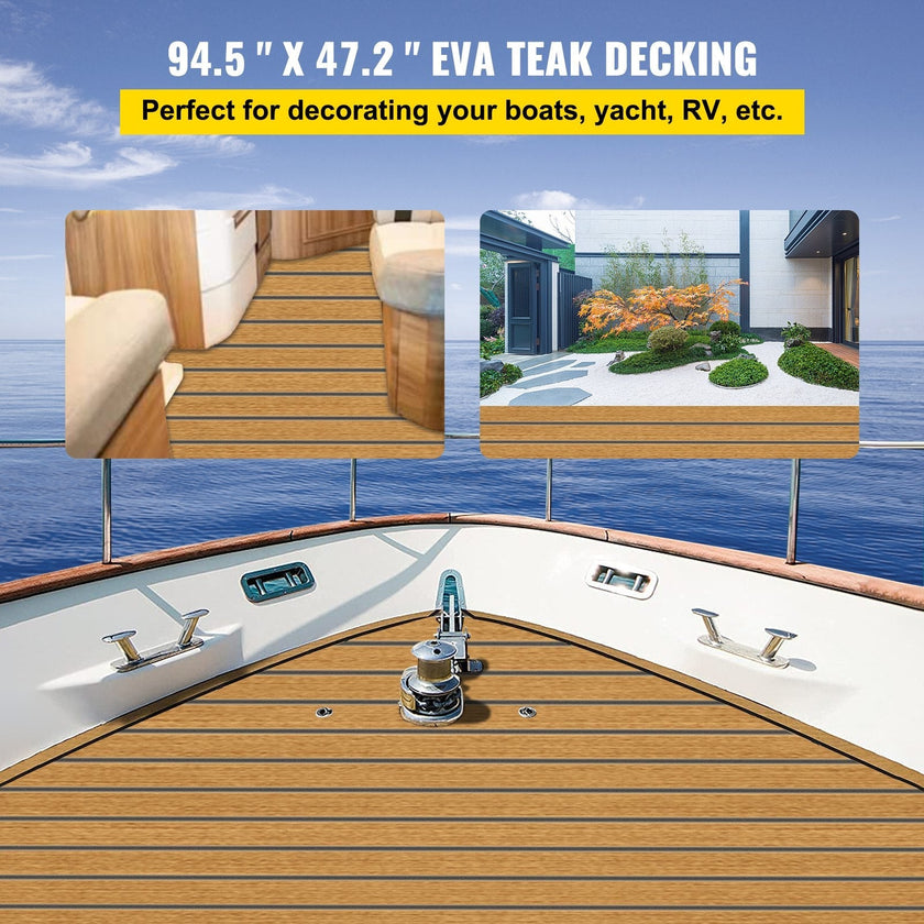 VEVOR 94.5 X 47 Inch EVA Foam Faux Teak Non-Slippery Self-Adhesion Decking Sheet for RV Swimming Pool Garden Boat Yacht Marine Flooring in Wet Dry Conditions (Brown with Black Lines)
