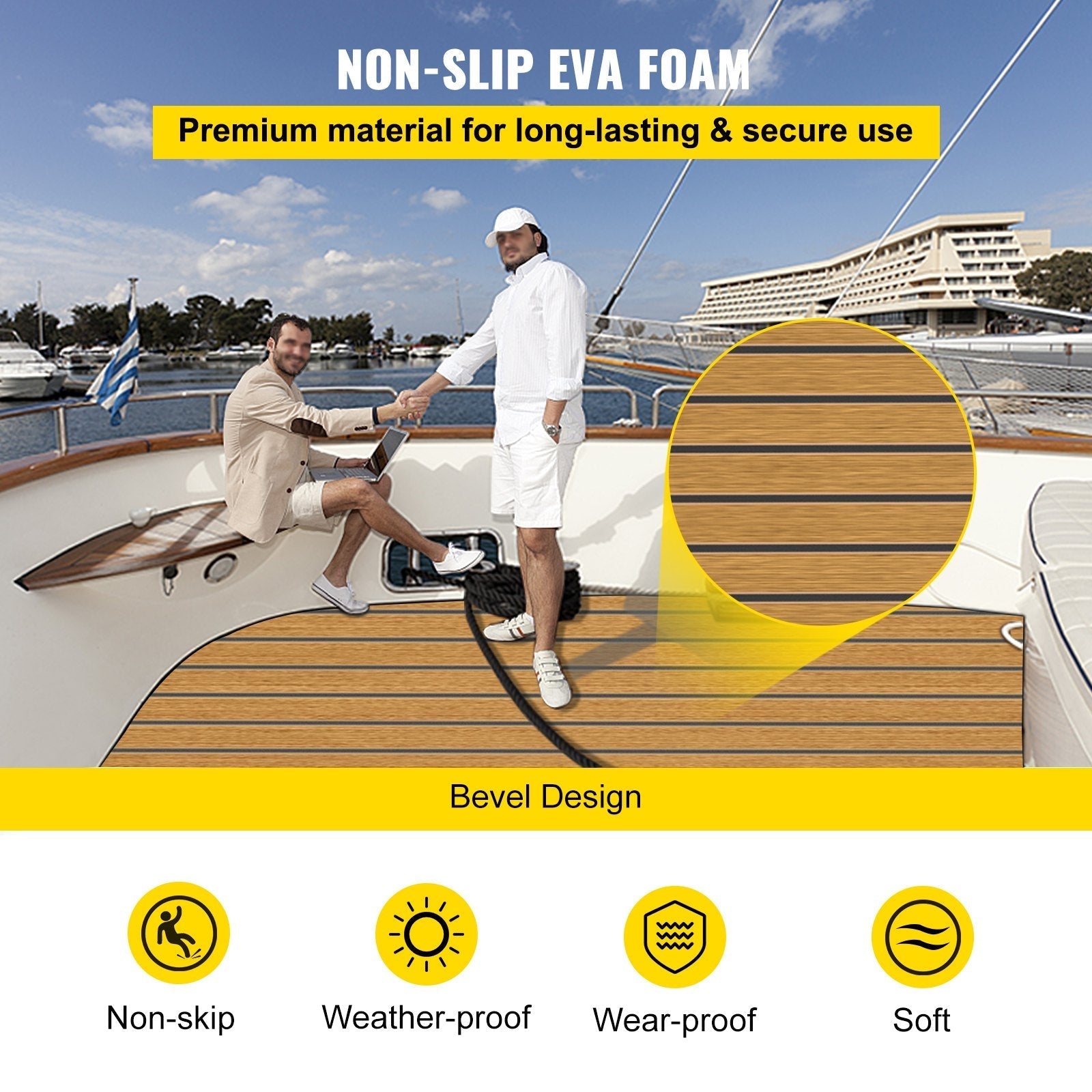 VEVOR 94.5 X 47 Inch EVA Foam Faux Teak Non-Slippery Self-Adhesion Decking Sheet for RV Swimming Pool Garden Boat Yacht Marine Flooring in Wet Dry Conditions (Brown with Black Lines)