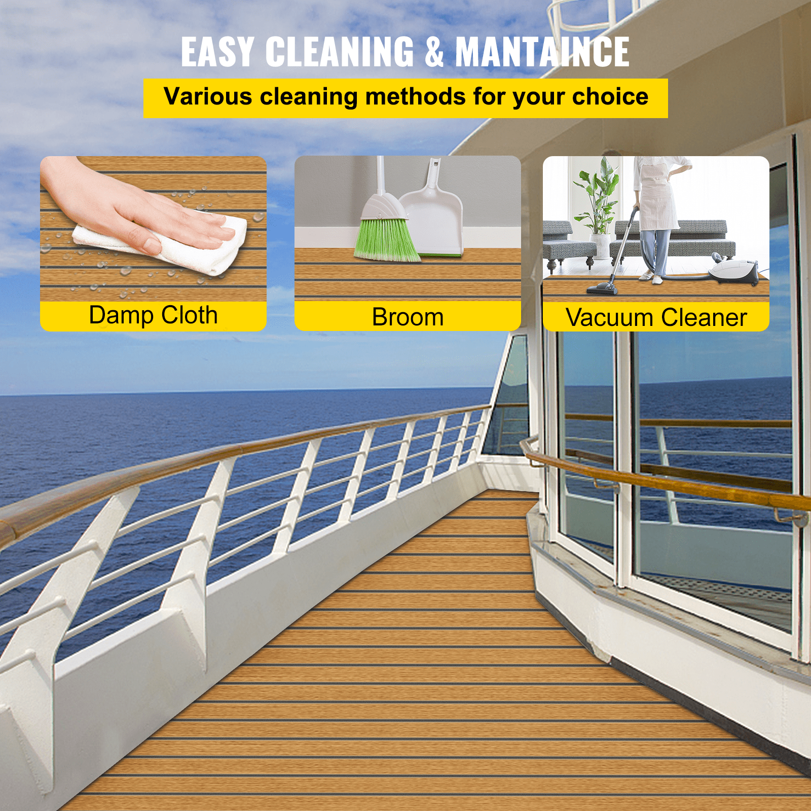 VEVOR 94.5 X 47 Inch EVA Foam Faux Teak Non-Slippery Self-Adhesion Decking Sheet for RV Swimming Pool Garden Boat Yacht Marine Flooring in Wet Dry Conditions (Brown with Black Lines)