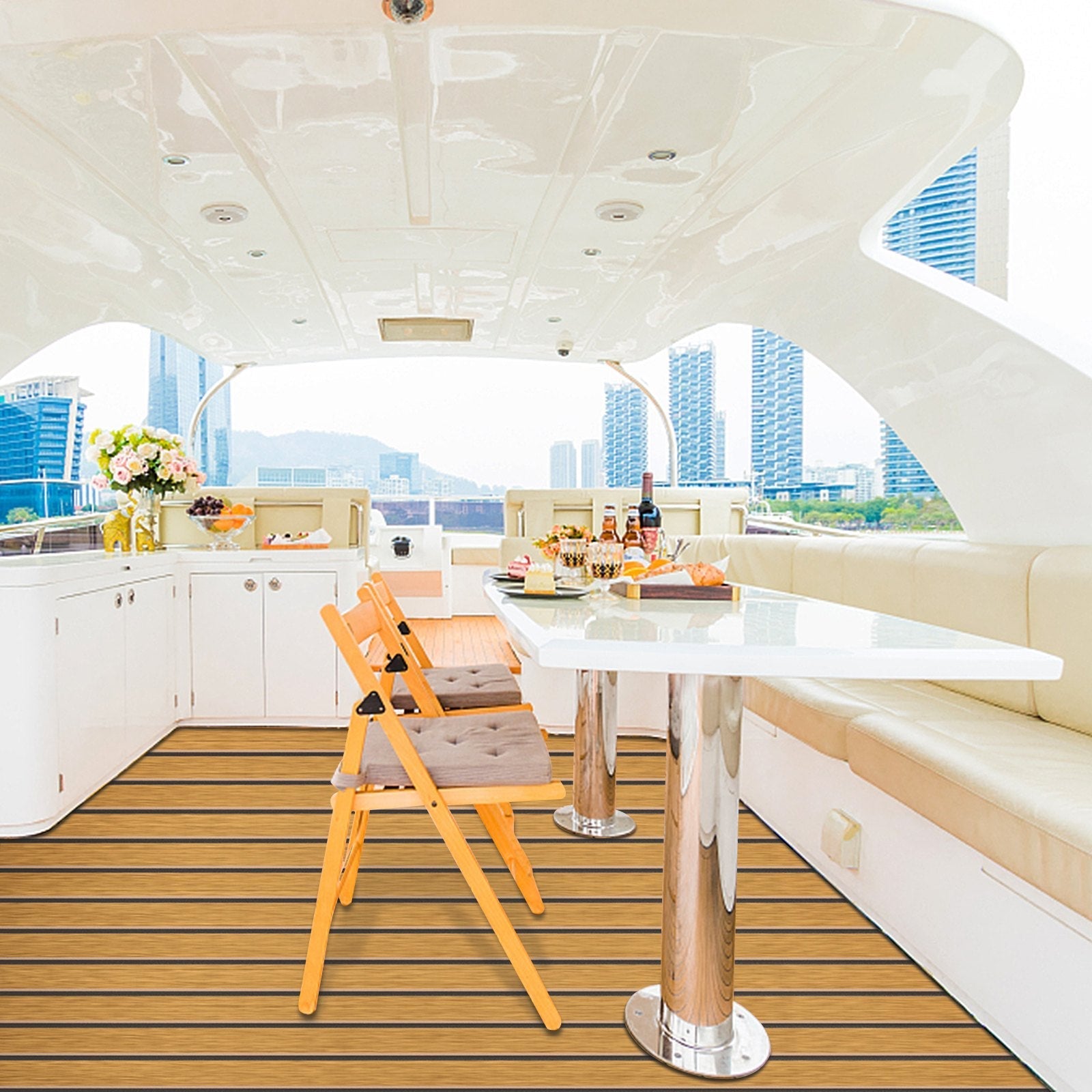 VEVOR 94.5 X 47 Inch EVA Foam Faux Teak Non-Slippery Self-Adhesion Decking Sheet for RV Swimming Pool Garden Boat Yacht Marine Flooring in Wet Dry Conditions (Brown with Black Lines)