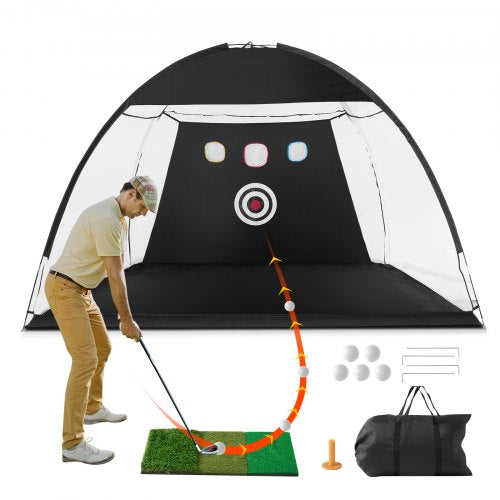 VEVOR Golf Net, 10x7ft All in 1 Golf Practice Net, Indoor Outdoor Home Golf Swing Training, Golf Hitting Aid Net with Target/Turf Mat/Balls/Tee/Carry Bag, for Backyard Driving Chipping, Gift for Men