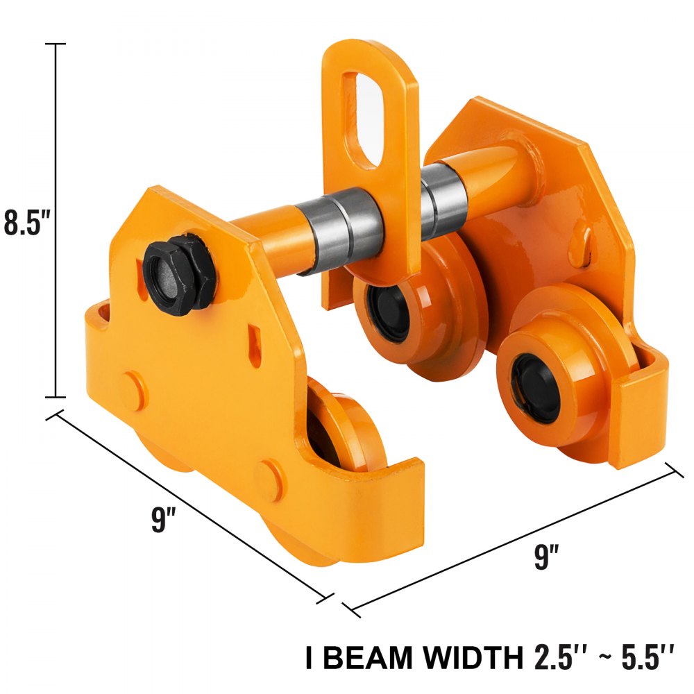 VEVOR 2T Push Beam Trolley 4409LBS Capacity Plain Trolley Heavy Duty Hand-Pulled Single Rail Trolley Industrial Grade Conveyor Trolley for 2.5-5.5IN I-Beams Chain Hoists (2T)