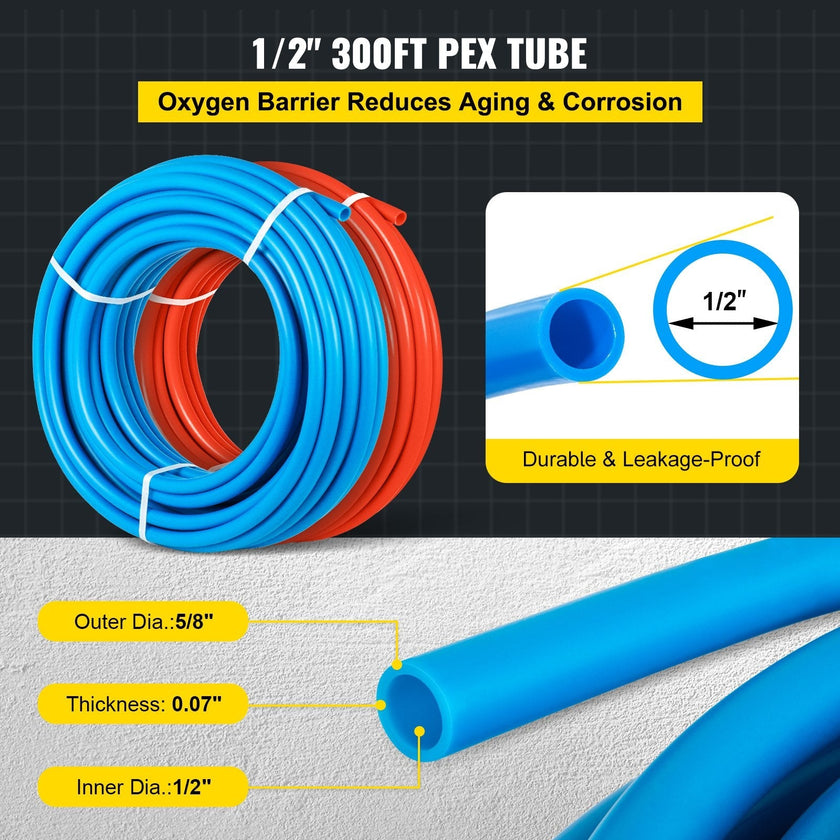 VEVOR PEX Tubing Oxygen Barrier - 2 Rolls of 1/2 Inch X 300 Feet Tube Coil - EVOH PEX-B Pipe for Residential Commercial Radiant Floor Heating Pex Pipe (1/2
