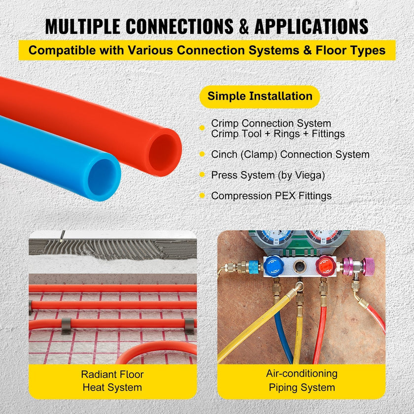 VEVOR PEX Tubing Oxygen Barrier - 2 Rolls of 1/2 Inch X 300 Feet Tube Coil - EVOH PEX-B Pipe for Residential Commercial Radiant Floor Heating Pex Pipe (1/2