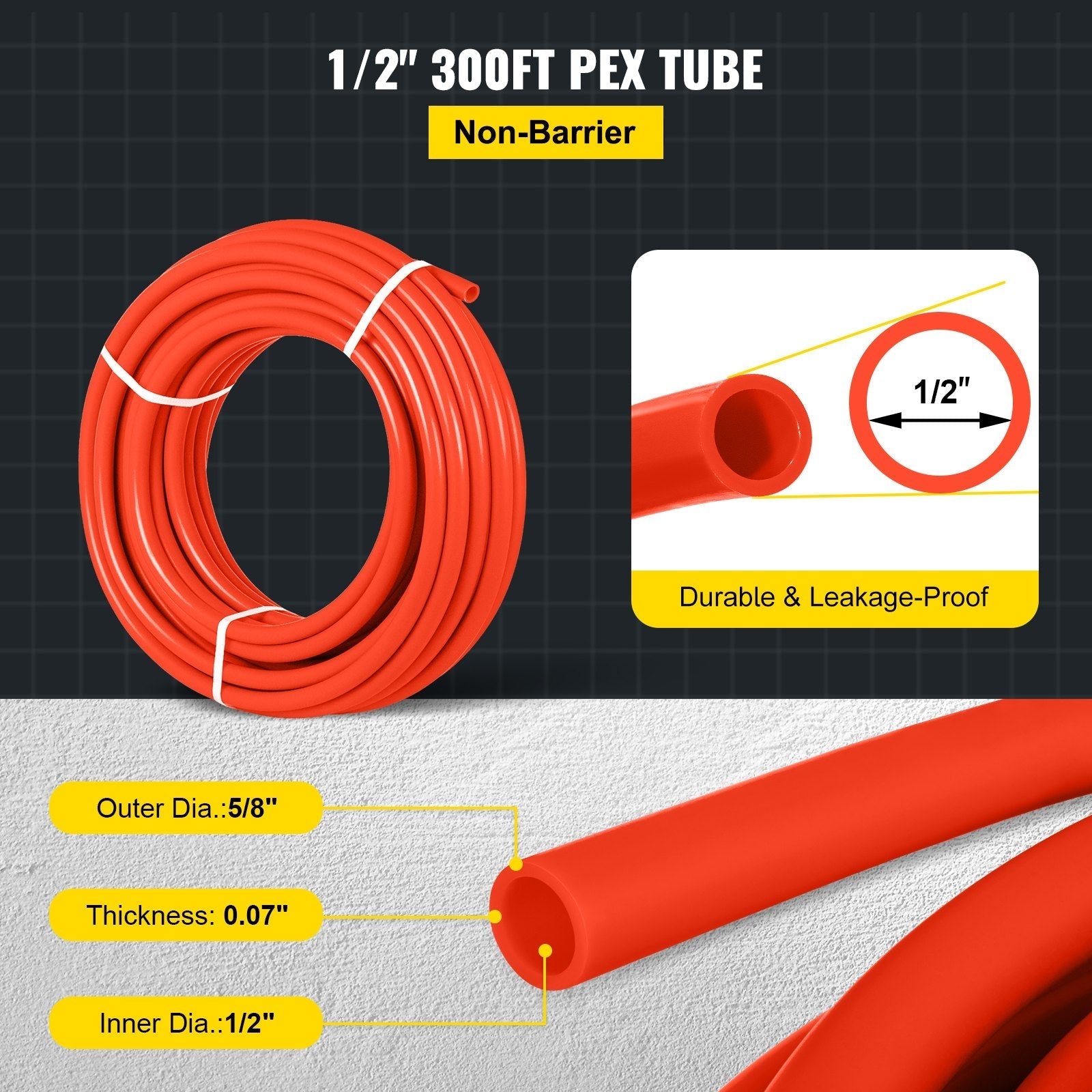 VEVOR 1/2 Inch PEX Tubing Potable Water Tube 300 FT PEX-B Plumbing Pipe Non-Barrier Radiant Heating Pex Coil for Water Plumbing Open Loop Hydronic Heating Systems (1/2