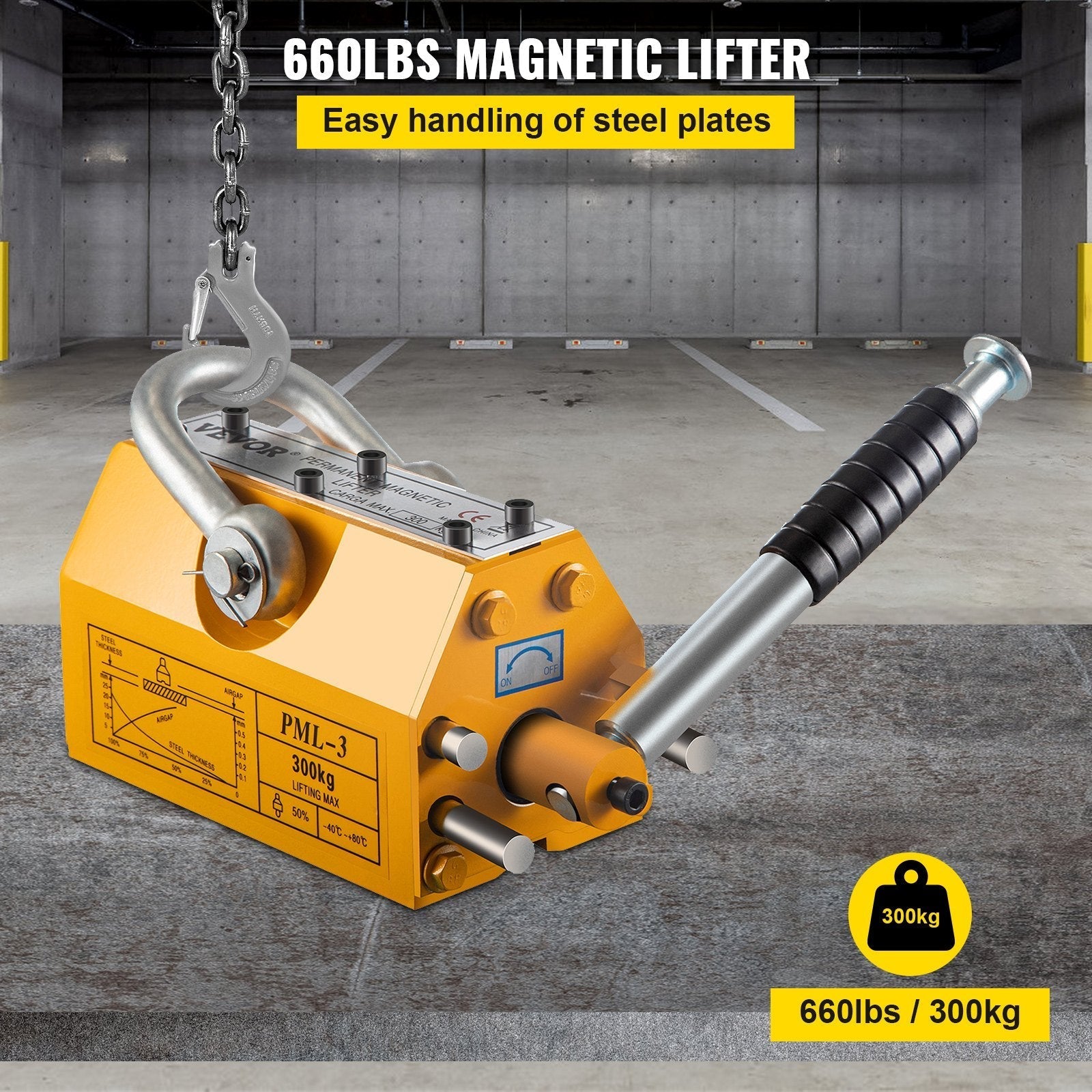 VEVOR Lifting Magnet with Release,660 Lbs Pulling Force - Steel Magnetic Lifter,Neodymium - Permanent Lift Magnets,Heavy Duty - for Hoist, Shop Crane, Block, Board