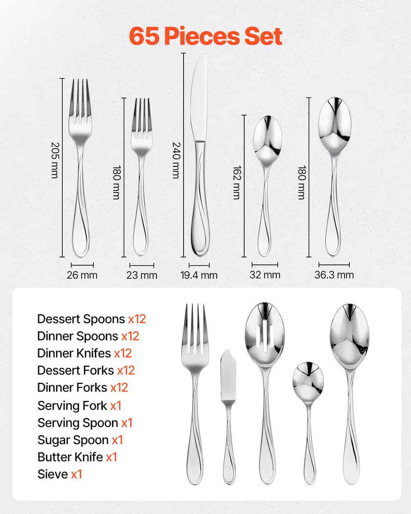 VEVOR 65-Piece Silverware Set Stainless Steel Cutlery Flatware Utensils for 12