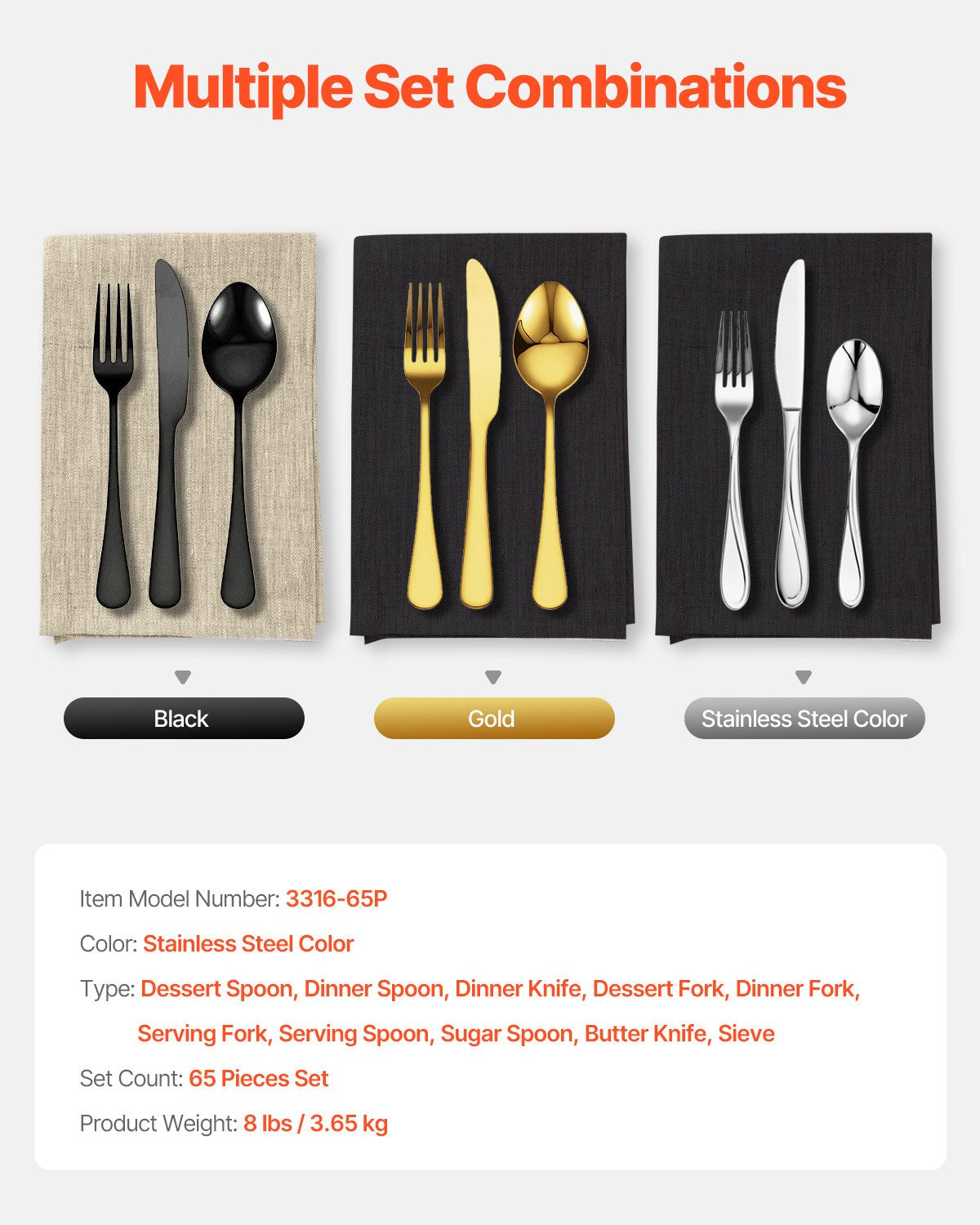 VEVOR 65-Piece Silverware Set Stainless Steel Cutlery Flatware Utensils for 12