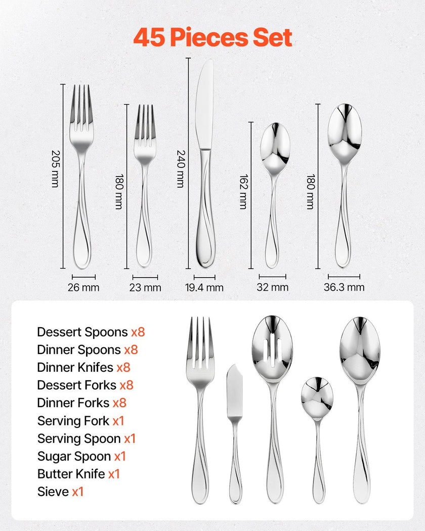 VEVOR 45-Piece Silverware Set Stainless Steel Cutlery Flatware Utensils for 8