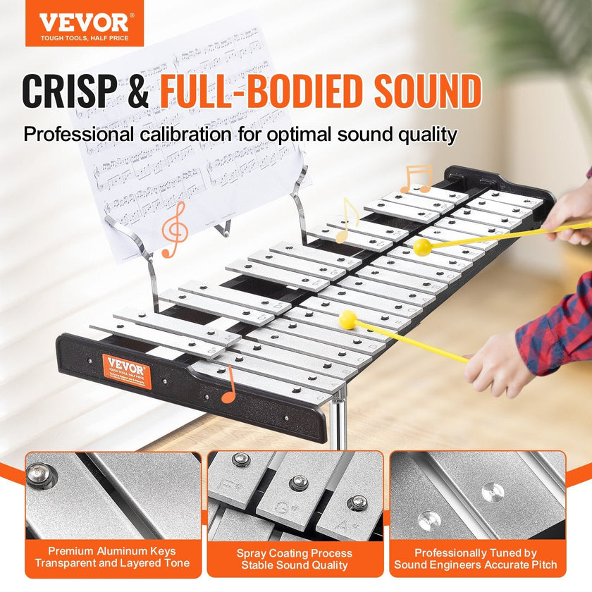 VEVOR 30 Note Glockenspiel Xylophone Bell Kit, Professional Percussion Instrument Set with Mallets, Drum Sticks, Music Stand,  8