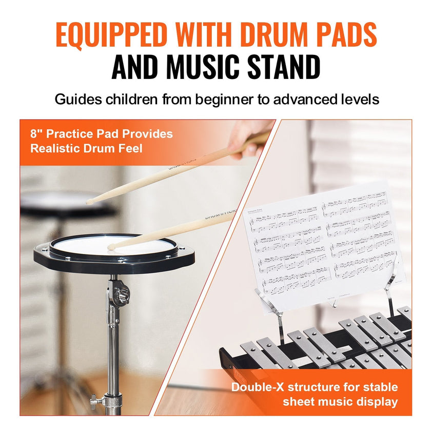 VEVOR 30 Note Glockenspiel Xylophone Bell Kit, Professional Percussion Instrument Set with Mallets, Drum Sticks, Music Stand,  8
