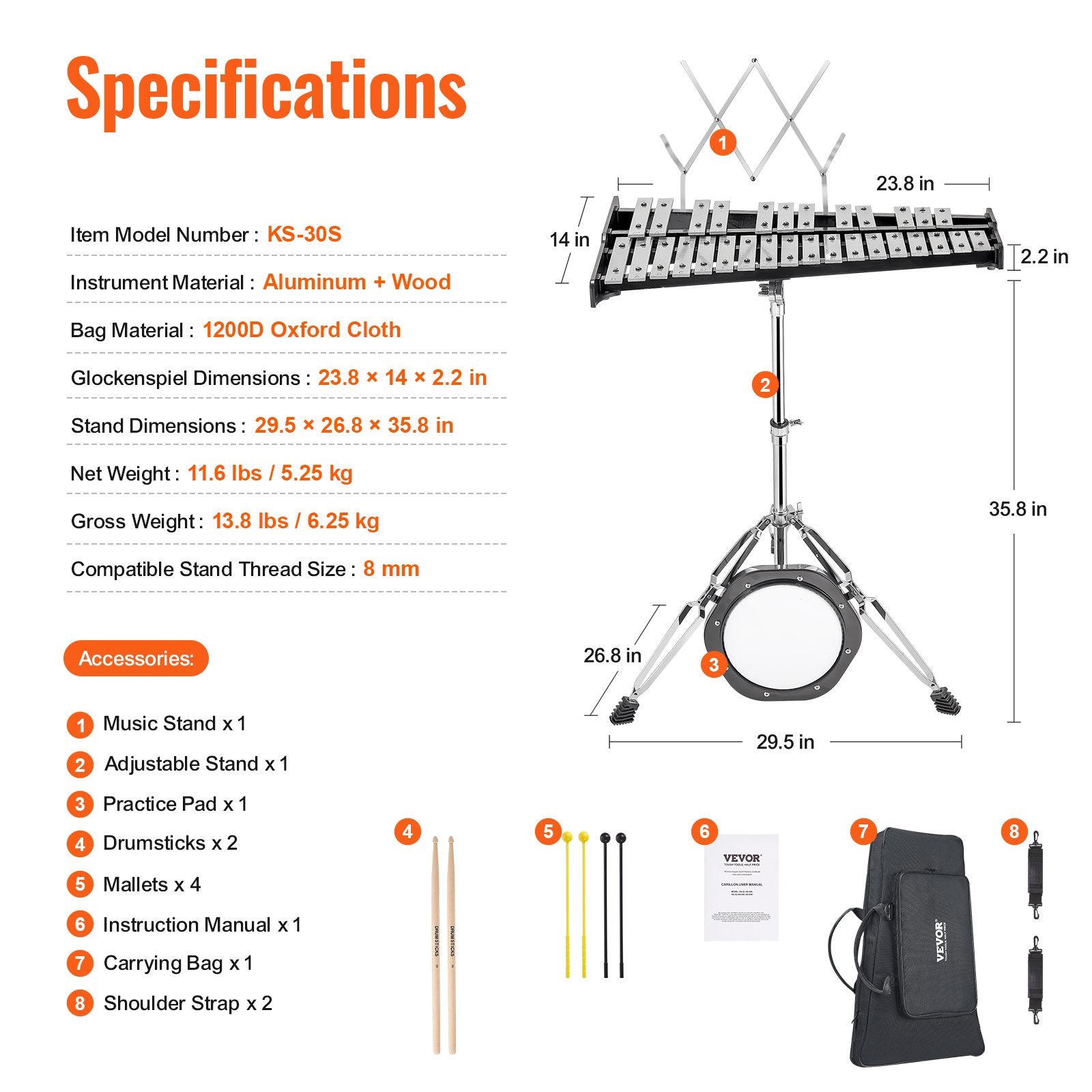 VEVOR 30 Note Glockenspiel Xylophone Bell Kit, Professional Percussion Instrument Set with Mallets, Drum Sticks, Music Stand,  8