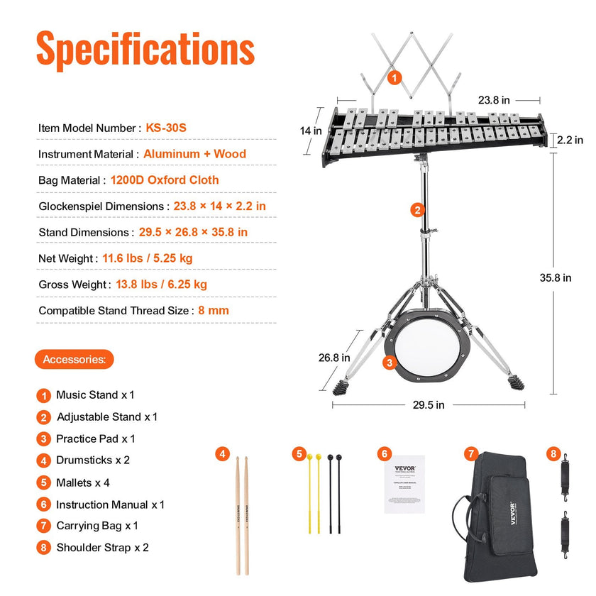 VEVOR 30 Note Glockenspiel Xylophone Bell Kit, Professional Percussion Instrument Set with Mallets, Drum Sticks, Music Stand,  8