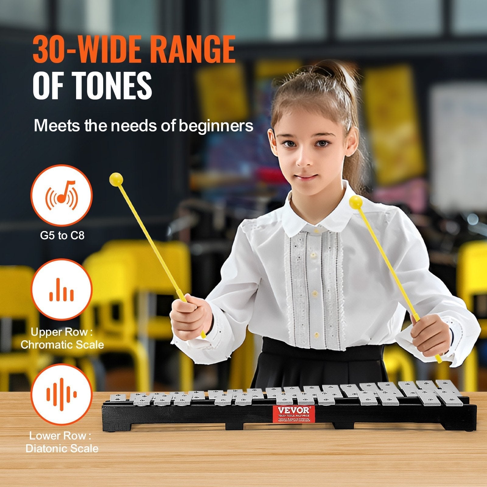 VEVOR 30 Note Glockenspiel Xylophone Bell Kit, Percussion Instrument with Mallets, Drum Sticks and Carrying Bag, Professional Glockenspiel Xylophone Percussion Instrument Set for Students & Adults