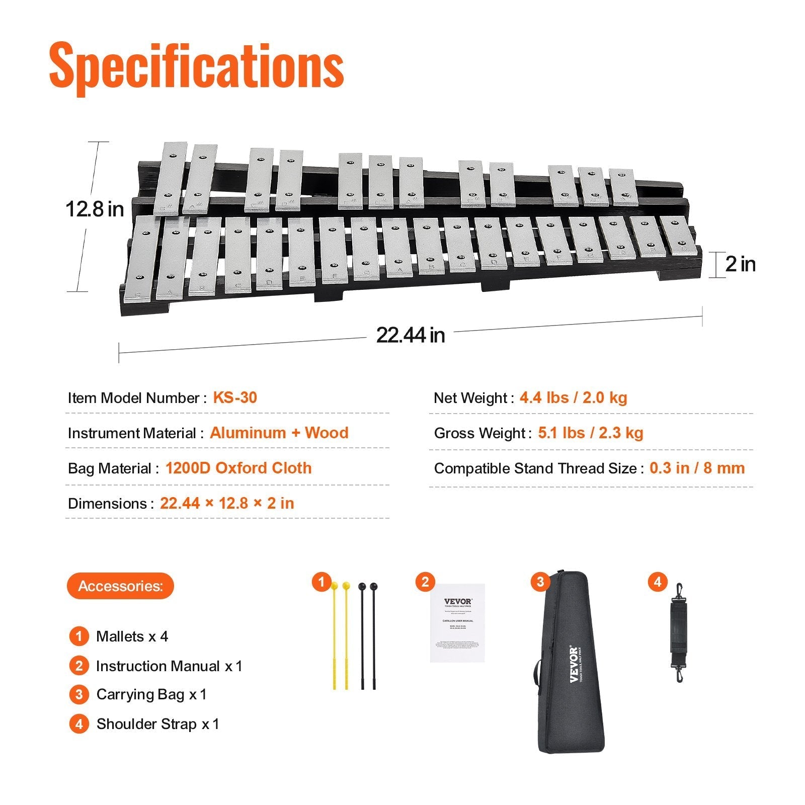 VEVOR 30 Note Glockenspiel Xylophone Bell Kit, Percussion Instrument with Mallets, Drum Sticks and Carrying Bag, Professional Glockenspiel Xylophone Percussion Instrument Set for Students & Adults