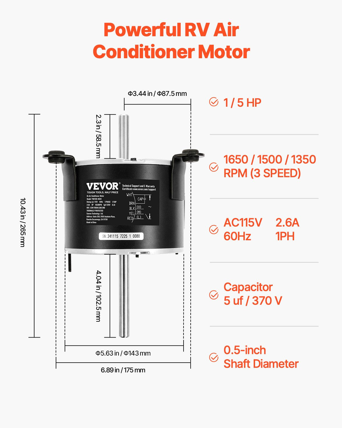 VEVOR 1/5HP RV AC Fan Motor AC115V 2.6 1650RPM Single Phase 5uf/370V Capacitor