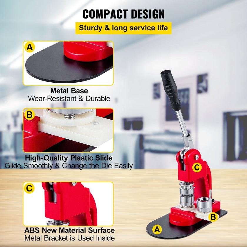 VEVOR Button Maker Button Badge Maker 32mm(1.25in) DIY Pin Button Maker Machine with1000 Pcs Free Button Parts & Circle Cutter Installation-Free Button Press Kit